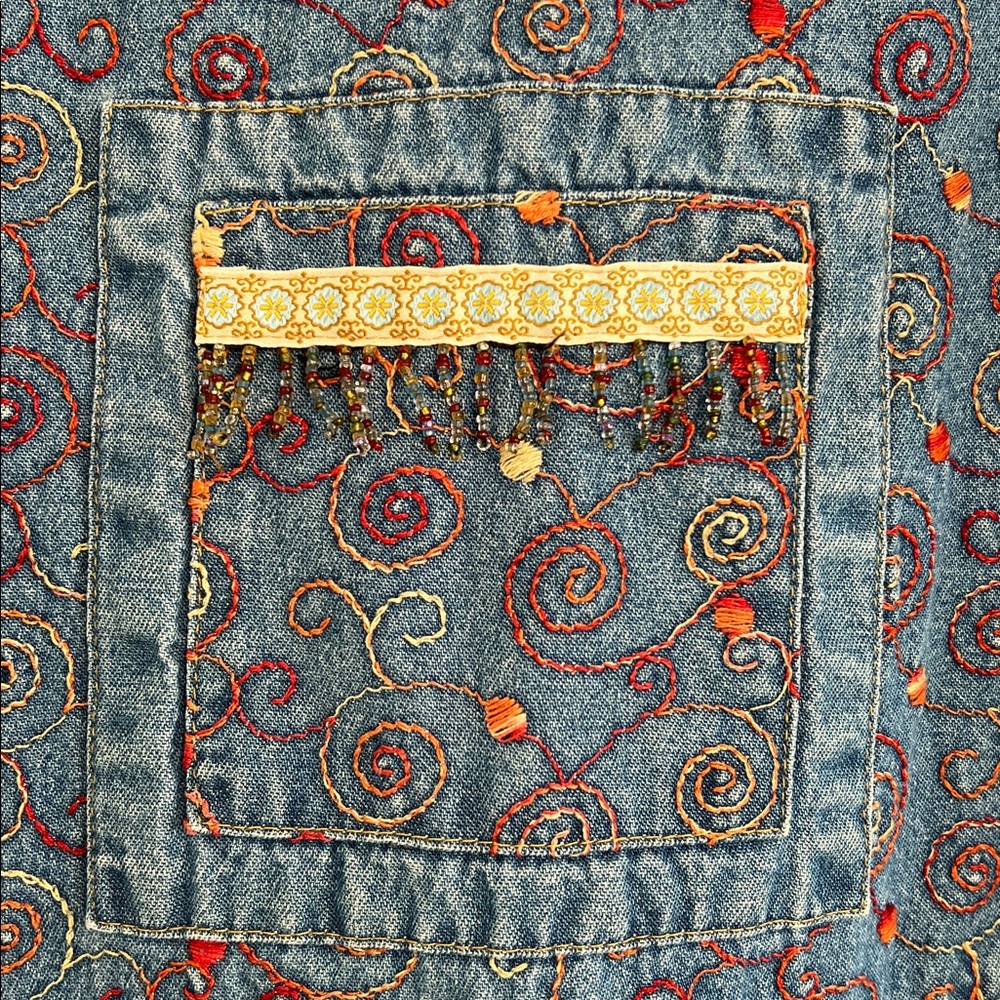 Vintage 90s denim maxi dress beads embroidery art teacher Phoebe Buffay Medium - Picture 4 of 7